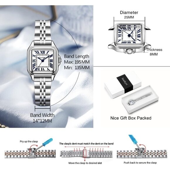 ?Women Silver Square Watches with Roman Numerals Ladies Casual Dress Watch